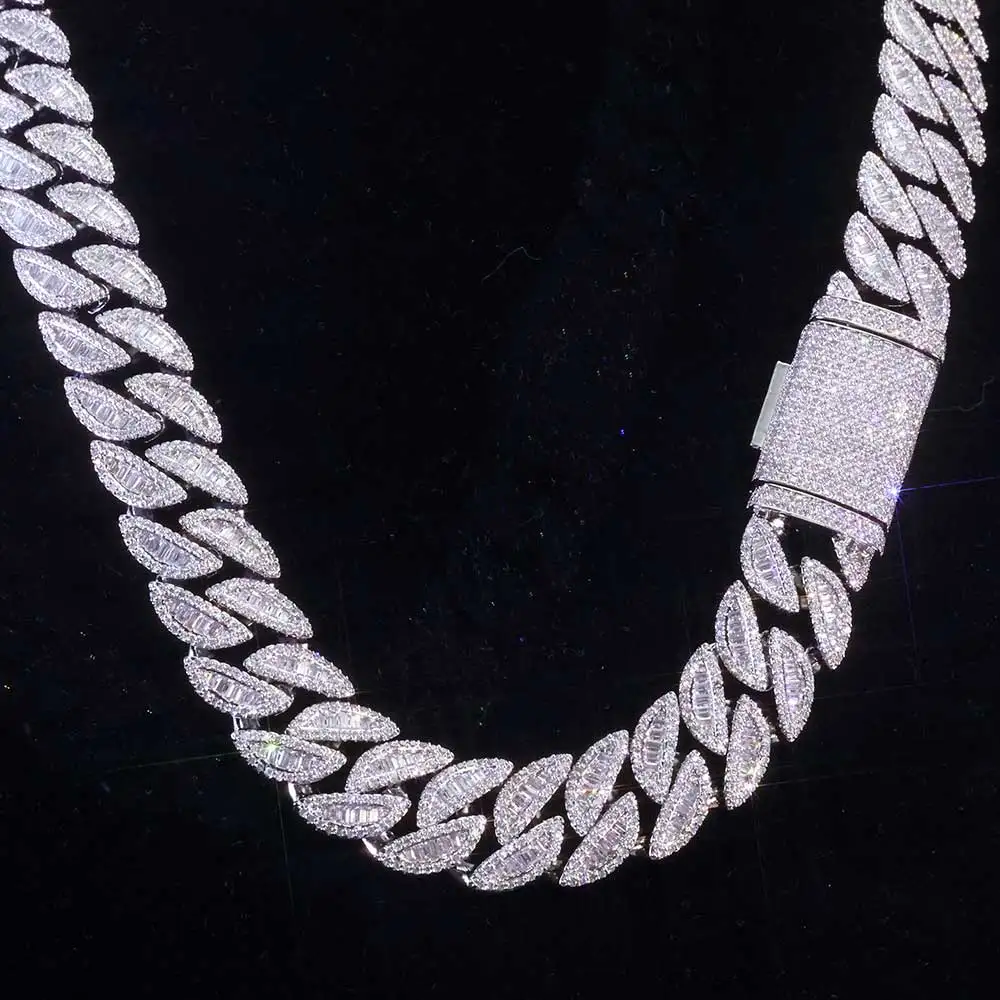 NUOYA 20mm Cuban Chain Necklace 925 Silver Full Iced Baguette Cut VVS Moissanite Mixed Inlay Hip Hop Jewelry Unisex..