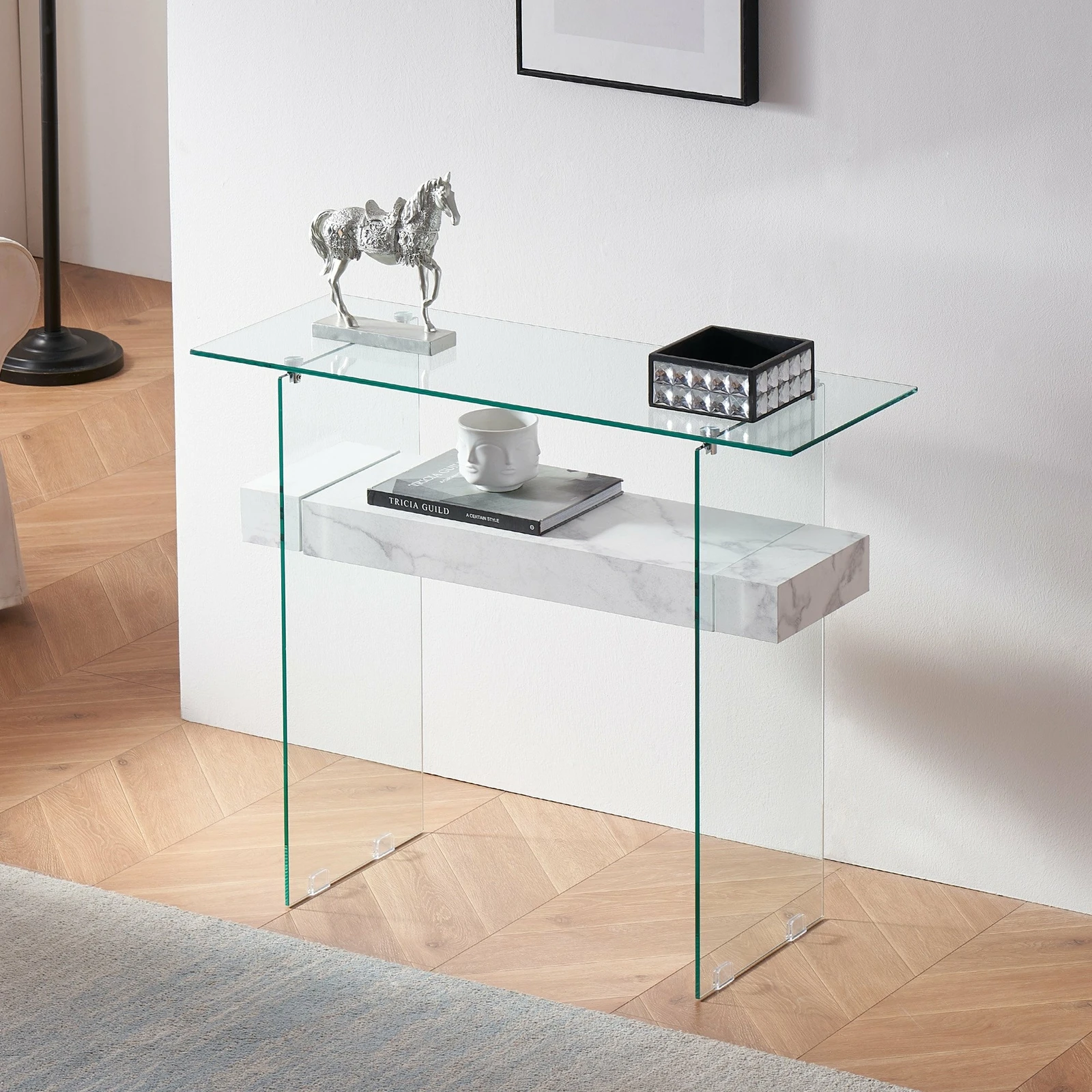 Narrow Glass Console Table with Storage Wood Shelf Entryway Sofa Table
