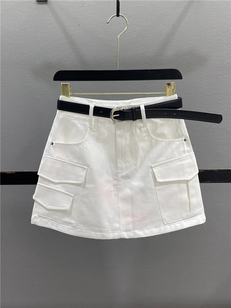 Casual High Waist A-Line  Skirt Women's Workwear Anti-Light Short Skirt Casual Style Button Zipper Pockets Cotton Polyester