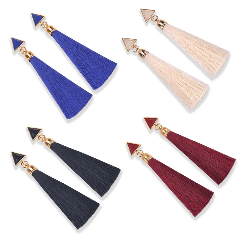 Bohemian Crystal Long Tassel Earrings Black Blue Red Pink Silk Fabric Drop Dangle Earrings Women Jewelry For Party Beach