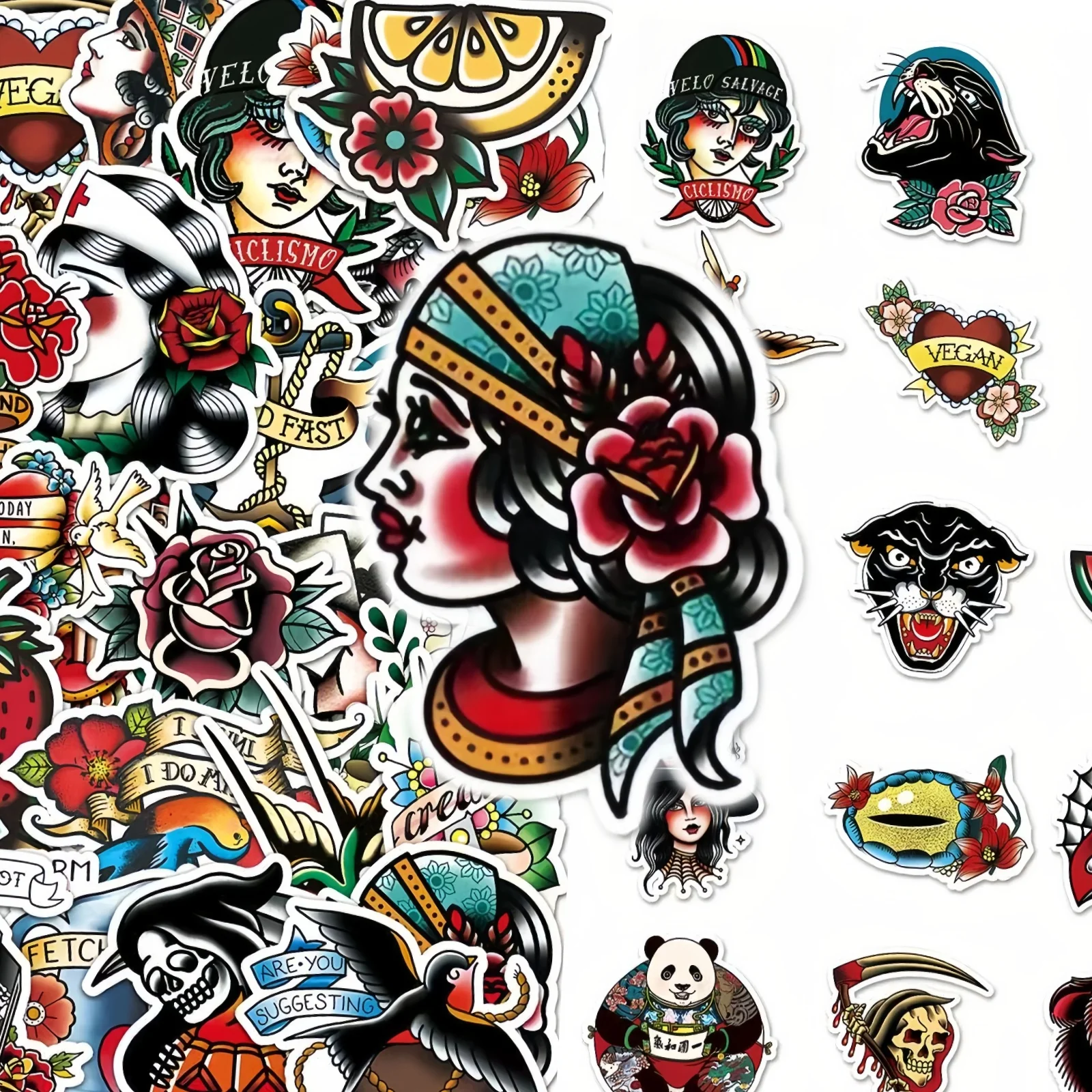 10/150Pcs Tattoo Style Stickers Old School Traditional Retro Cool Aesthetic Decals Skateboard Water Bottle Laptop Guitar Helmet