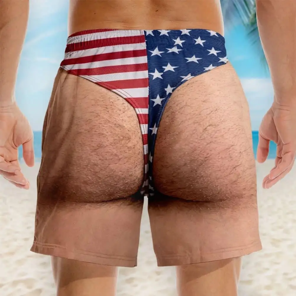 M-XXXL Men's Quick Dry Funny Fake Two Layer Swim Trunks Men American Flag Print Drawstring Beach Swimming Shorts