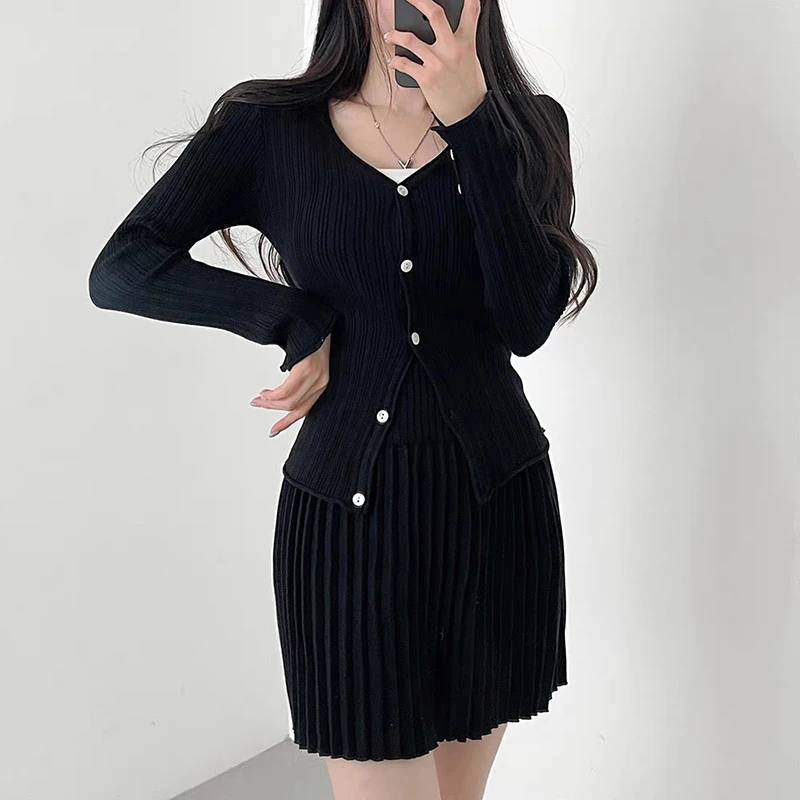 Spring Thin Sweet Set Women V-neck Button Long Sleeve Cardigan Sweater Elastic Band Pleated Short Skirt Office New Two Piece Set