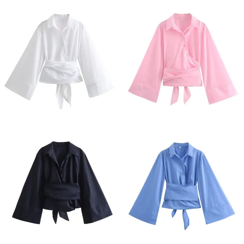 

Женская блузка с длинным рукавом и запахом, винтажная мода Y2K, стиль Харадзюку, элегантная свободная рубашка, идеально подходящая для повседневной летней одежды
