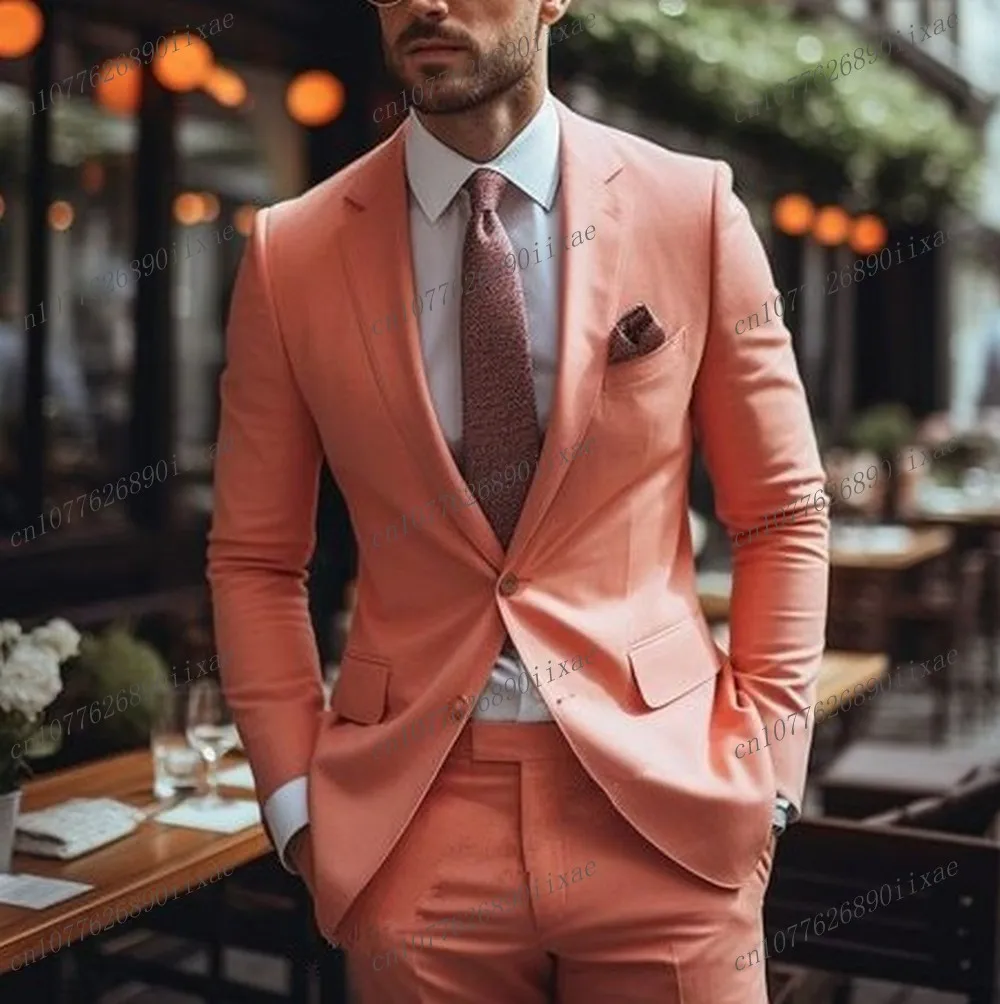 

New Coral Red Formal Occasion Men Suit Groom Groomsman Wedding Party Prom Business Male Tuxedos 2 Piece Set Blazer Pants