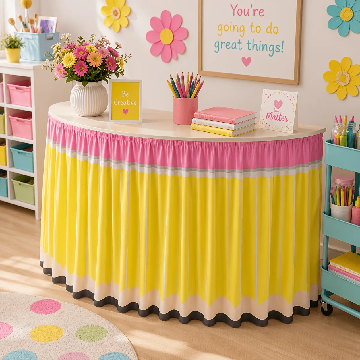 The theme of the school supplies is a yellow pencil pattern with a pink top design.