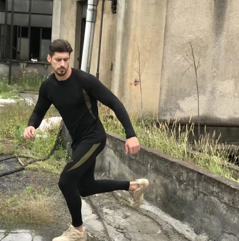 

Men GYM Suits Sports Fitness Sets Workout Exercise Jogging Hiking Skiing Top Long Tee Shirts + Running Tights Fleece Tracksuit