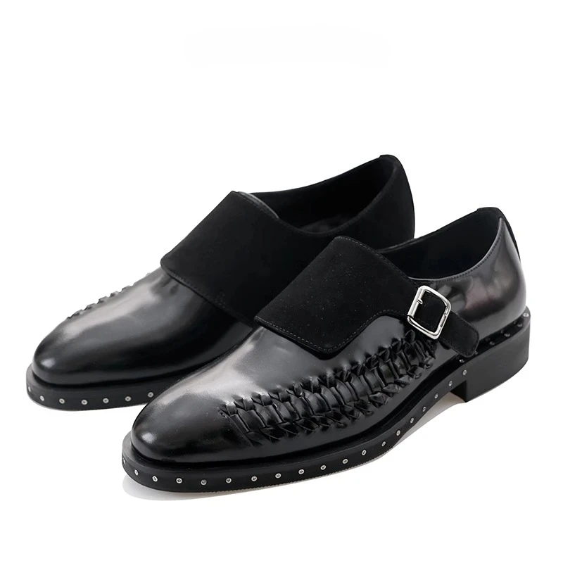 British Style Men Black Genuine Leather Monk Strap Shoes Spliced Suede Woven Detail Rivet Low Heel Fashion Party Dress Shoes