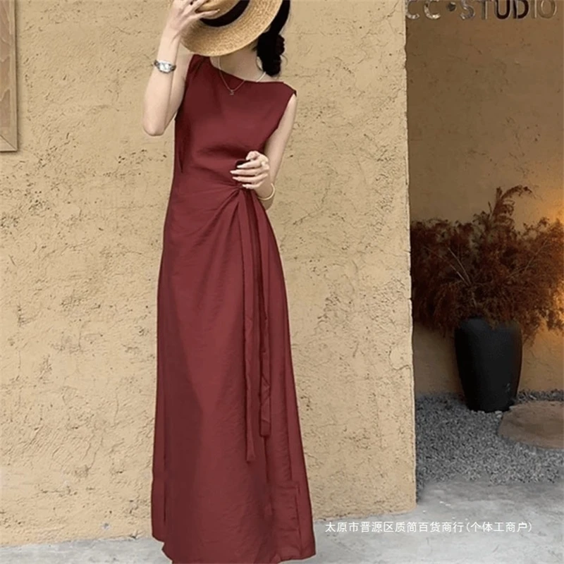 Robe de thé français pour femmes, sans manches, coupe droite, chemise blanche, gilet, décontractée, élégante, mi-longue, été, 2025