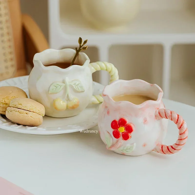 Relief Hand-painted Embossed Pink Flower Mug, High-value Girl's Heart, Cute Coffee Cup, Ceramic Mug, Tea Gift, Water Cups