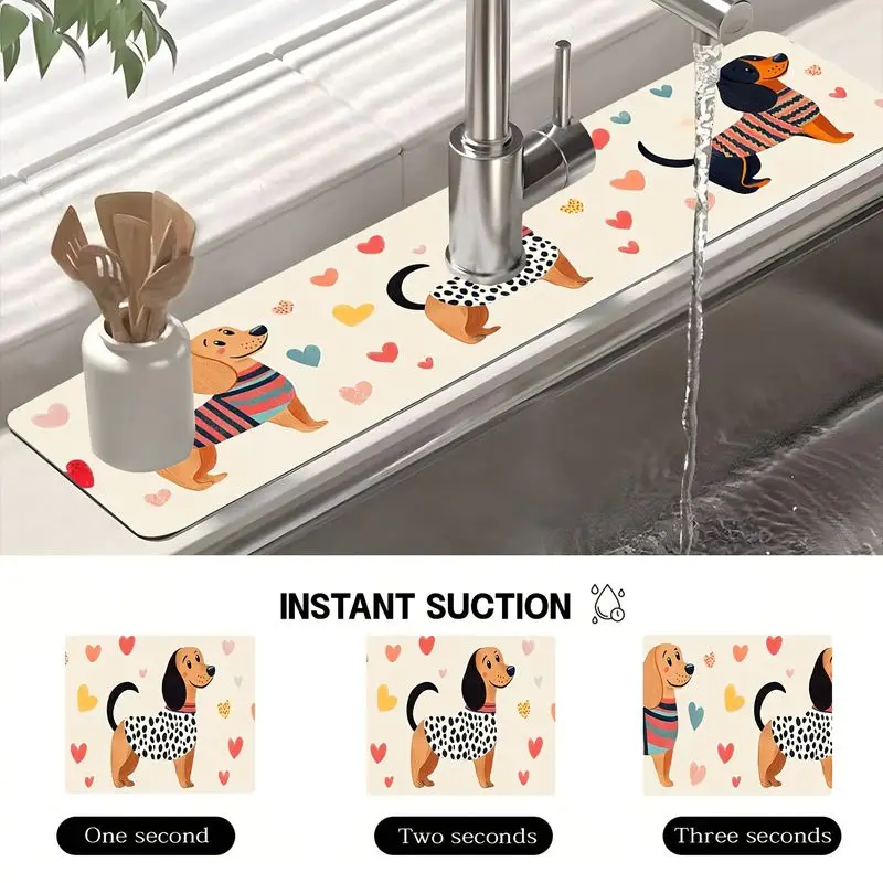 VIKAMA Cartoon Dachshund Faucet Mat Diatomite Super Absorbent Non Slip Kitchen Sink Tap Splash Water Draining Pad