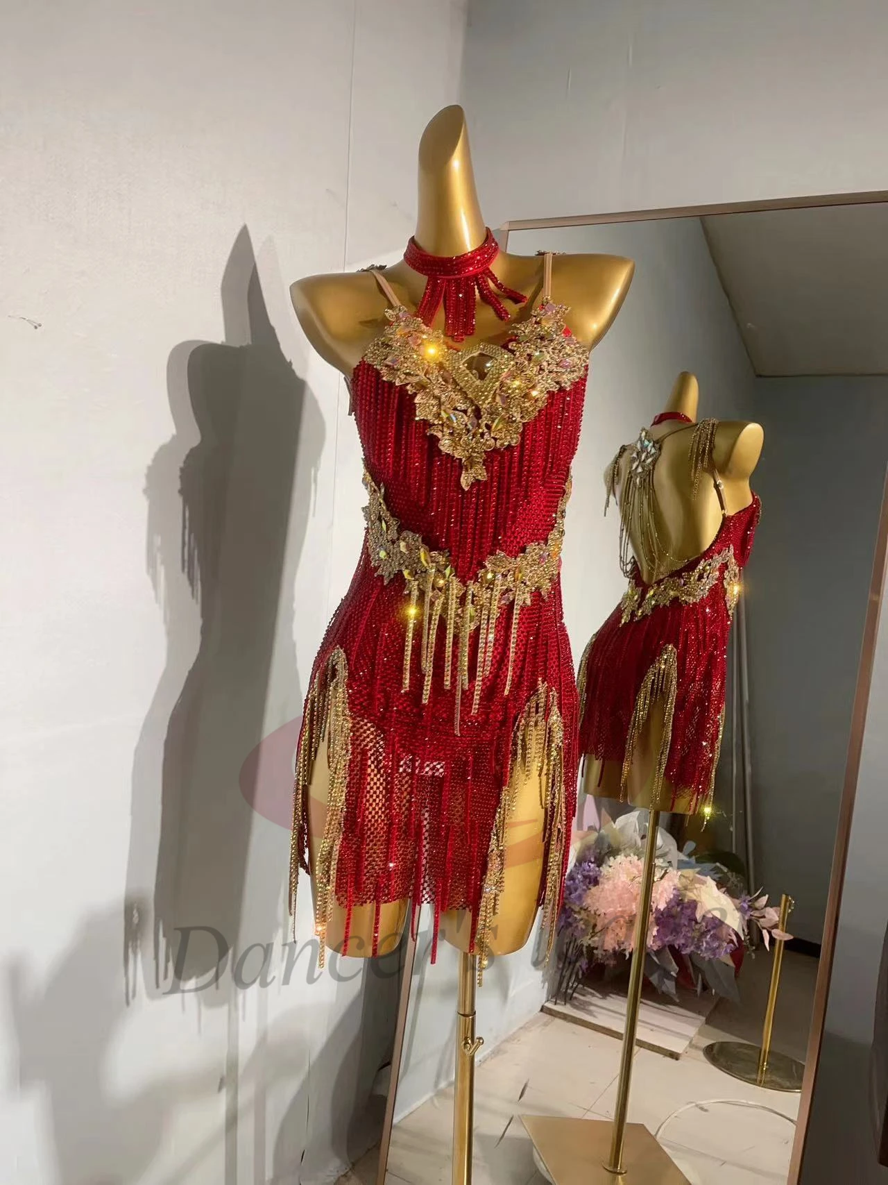 ชุดเต้นลาติน AB Stone สำหรับผู้หญิงและเด็ก รุ่นหรูหราสั่งตัดได้ แต่งเพชรแดงลายตาราง สำหรับการแสดงซัมบ้า