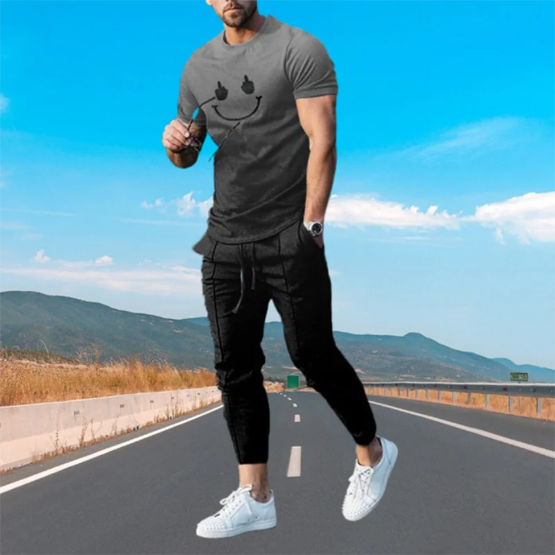 3D Color Pattern Casual Oversized Clothes Summer Sportwear Suit Short Sleeve T Shirt Long Pants Men 2 Piece Sets Men Tracksuit