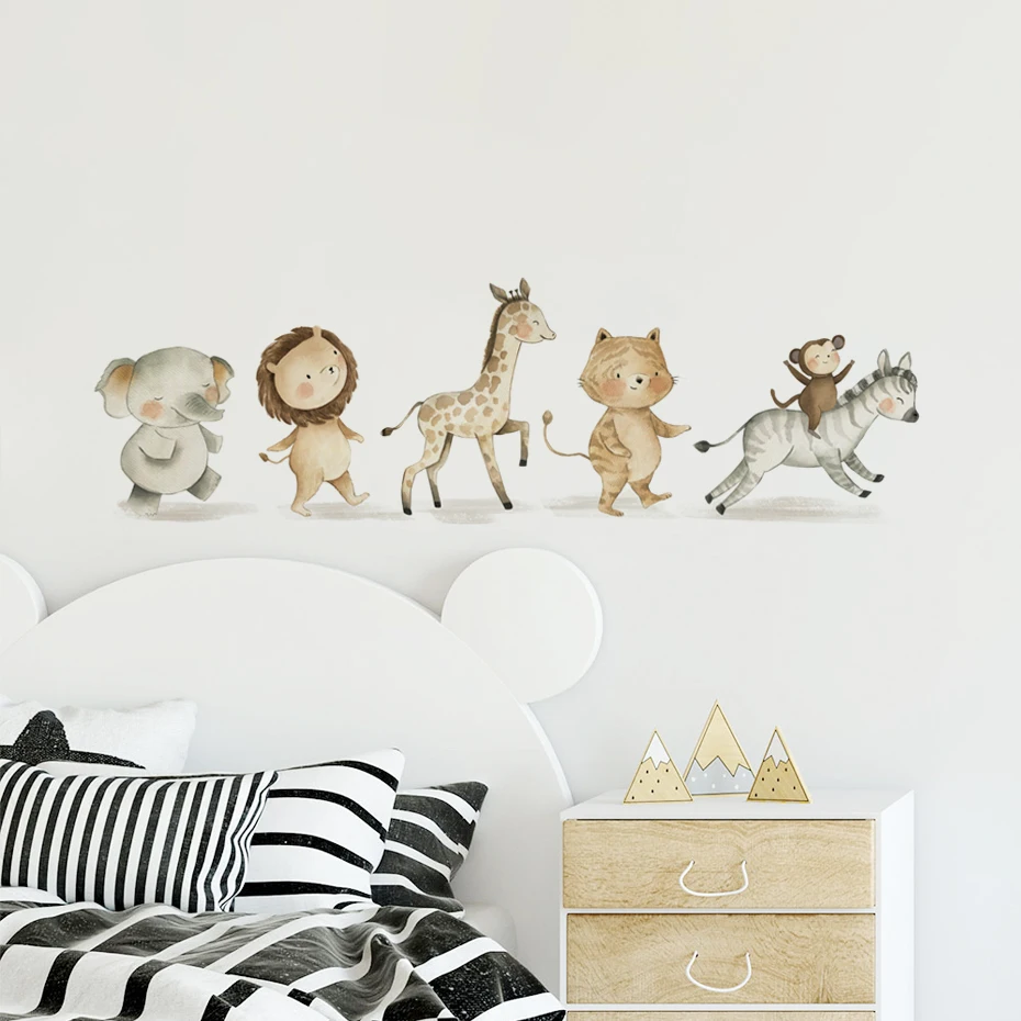 Cartoon Cute Lion Elephant Giraffe Safari Animals Nursery Wall Stickers for Kids Room Bedroom Decor Wall Decals Wallpaper - Image 3