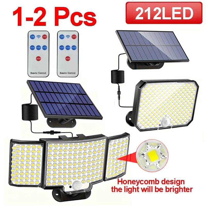 1-2 Pcs 212LED Solar Light Outdoor Motion Sensor Flood Lights Remote Control Waterproof Super Bright Wall Lamp Garden Courtyard