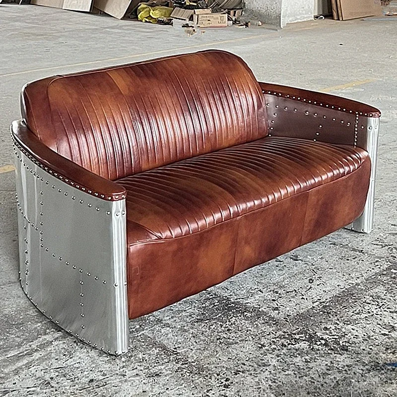 American retro leather sofa, medieval aluminum leather cigar bar sofa, industrial style old metal mechanic chair