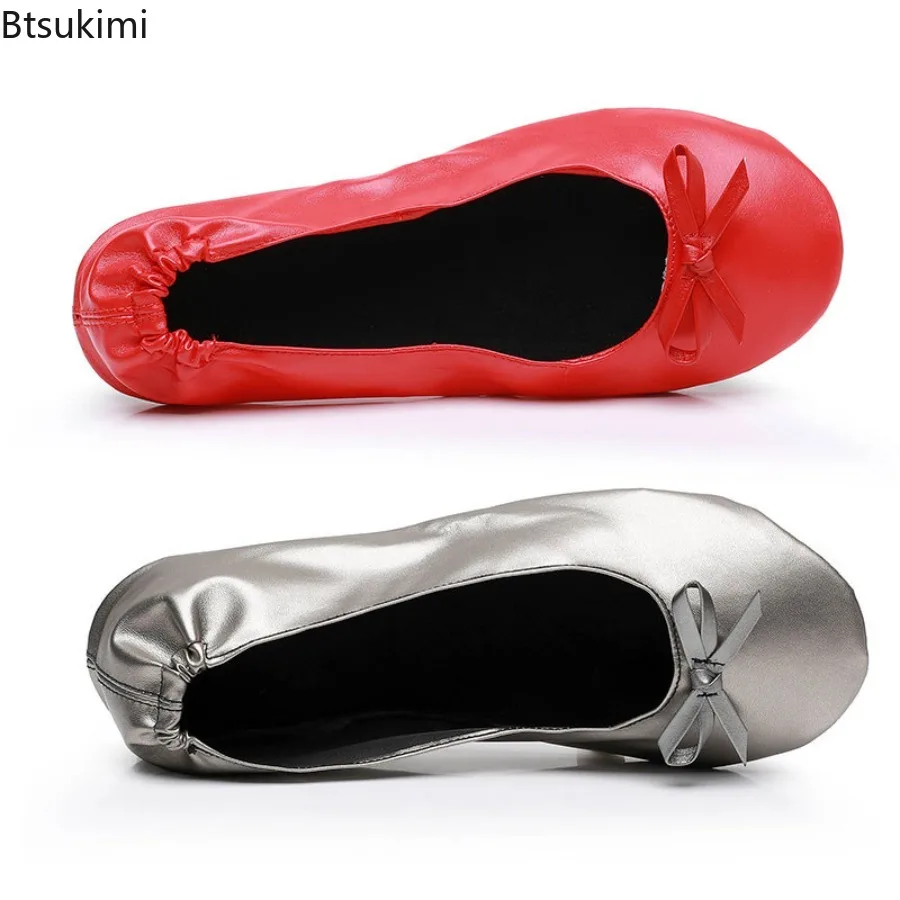 Women's Foldable Portable Ballet Flats Soft Sole Roll Up Slippers Slip on Comfy Ancing Flat Shoes for Travel Wedding with Bag