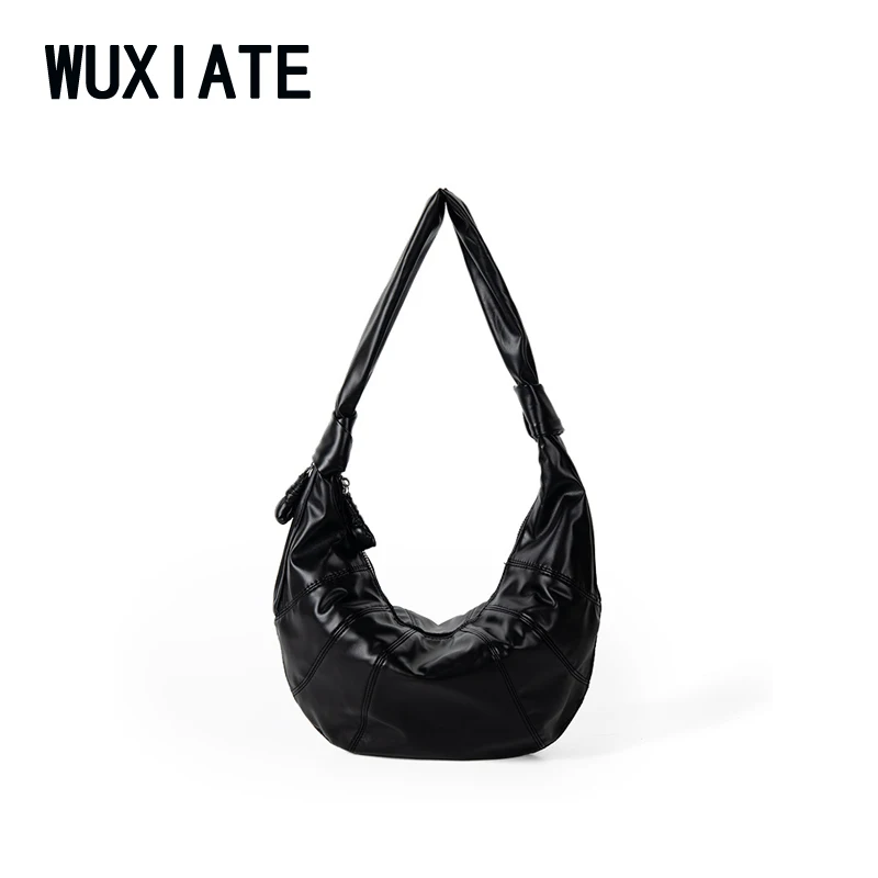 

WUXIATE Large capacity vintage soft leather design pleated dumpling bag lazy casual croissant shoulder bag