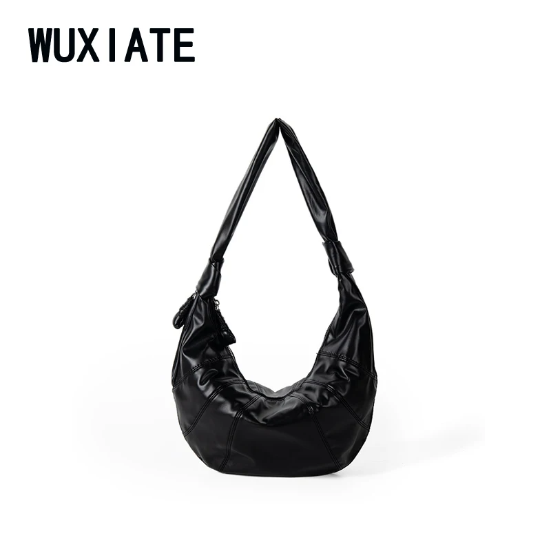 WUXIATE Large capacity vintage soft leather design pleated dumpling bag lazy casual croissant shoulder bag