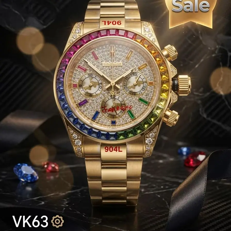 

VK63 Blingbling Wristwatch For Men Luxury Colour Diamond Calendar Quartz Watch Hip Hop Fashion Waterproof Man Clock Hot Sale