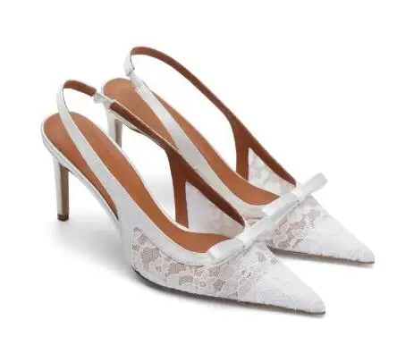 

New White Black Lace Floral Bow Tied Front Shallow Slip On Slingback Summer Sandals Women Pointed Toe High Heel Wedding Pumps