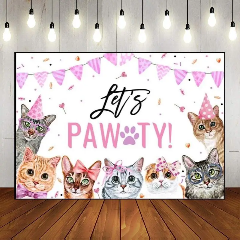 Party Backdrop Wall Cat Theme Photo Background Happy Birthday Custom Photography Owner Pet Paw Kitten Decoration Banner Newborn