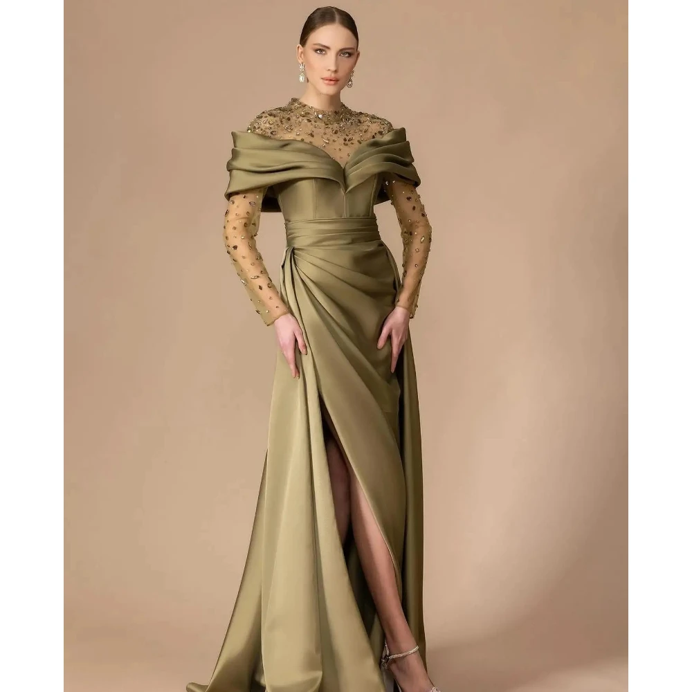 Suknia wieczorowa w kolorze oliwkowej zieleni, iluzoryczny dekolt typu O, długi rękaw, długość do podłogi, suknia balowa, modna, plisowana, z kryształami, fason A, sukienka na przyjęcie, szyta na miarę.