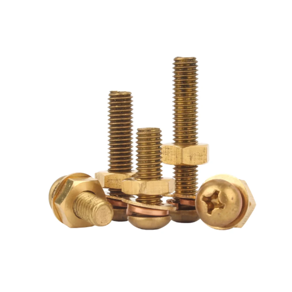 M3 M4 M5 M6 M8 Cross Pan Head Screw Brass Phillips Recessed Machine Screws With Nut Washer Combination Bolts Length 4-60mm