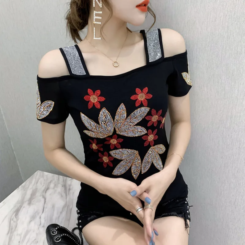 

Newest Summer European Design Brand Woman Luxury Clothing T-Shirts Off Shoulder Hot Diamonds Female Luxury Tees Streetwear Tops