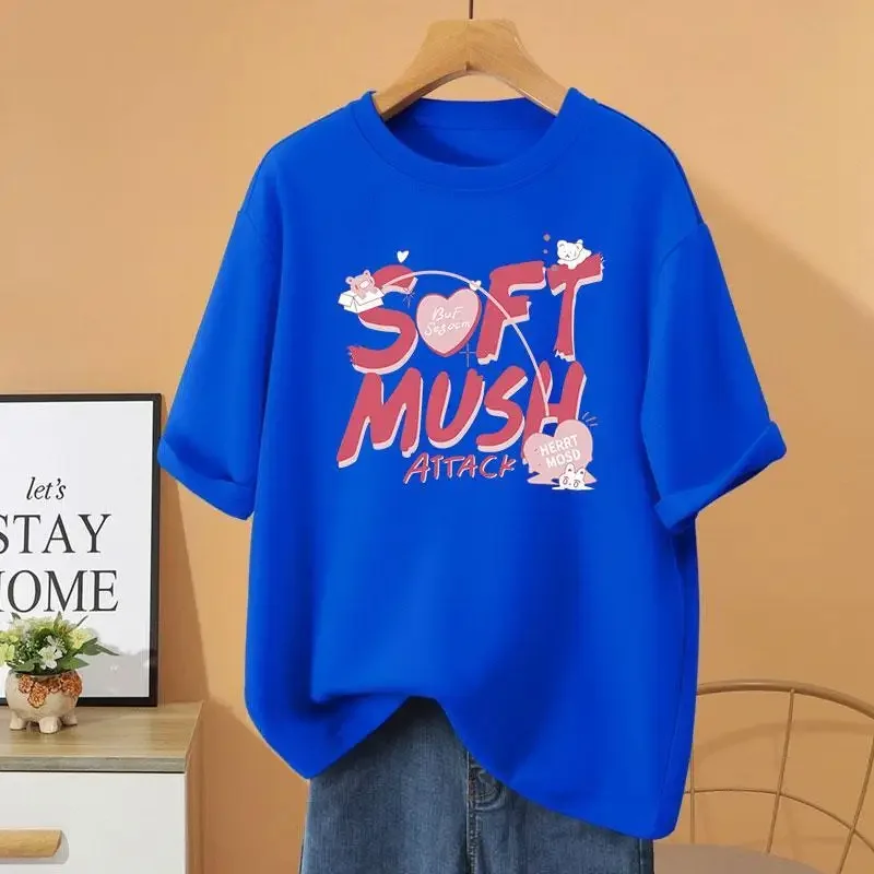 

Women Clothing Vintage Short Sleeve Top Tee Y2k Letter Printed O-neck Pullovers Summer Casual Loose Cotton T-shirt