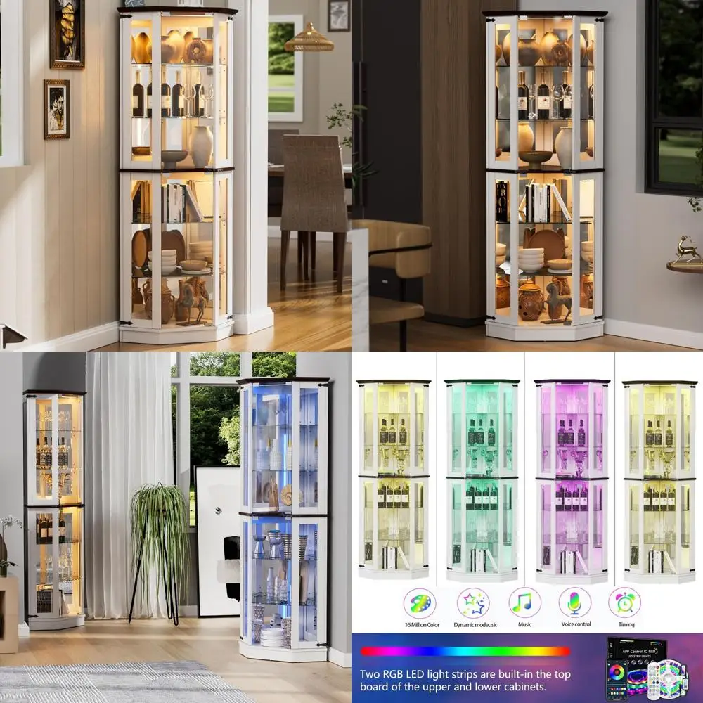 Szafka ekspozycyjna w stylu farmhouse 71 z oświetleniem LED, drzwiami z szkła hartowanego, 6 półkami, narożna, stojąca na podłodze.