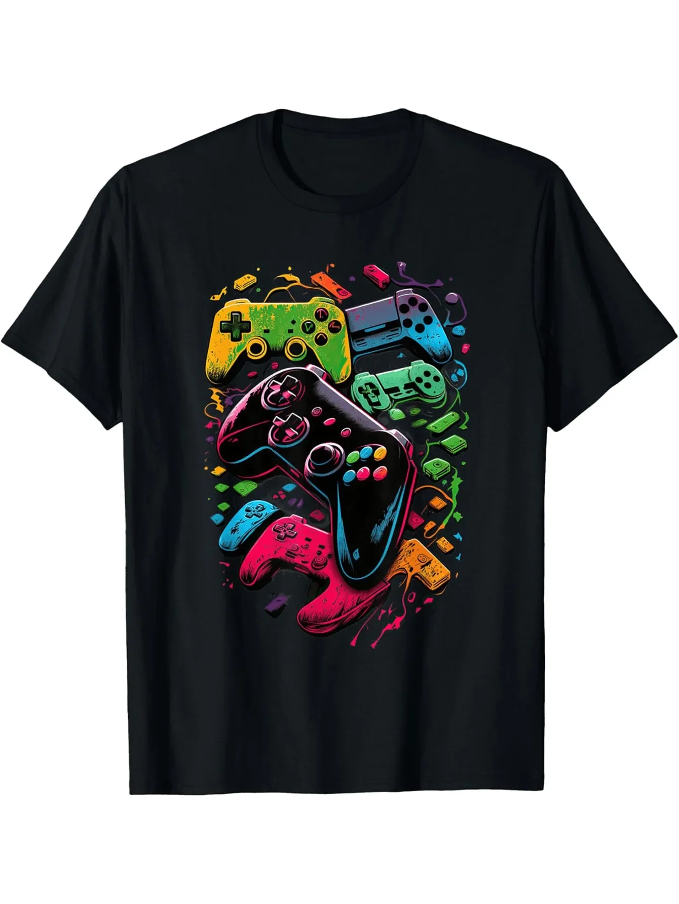 Teenager'S Plus-Size T-Shirt, Printed with Vibrant Game Controller Pattern - Regular Fit, Casual Round Neck, Slightly Stretchy Fabric, Comfortable for All Seasons - Suitable for Daily Wear, Sports, Vacations, And Gaming Activities