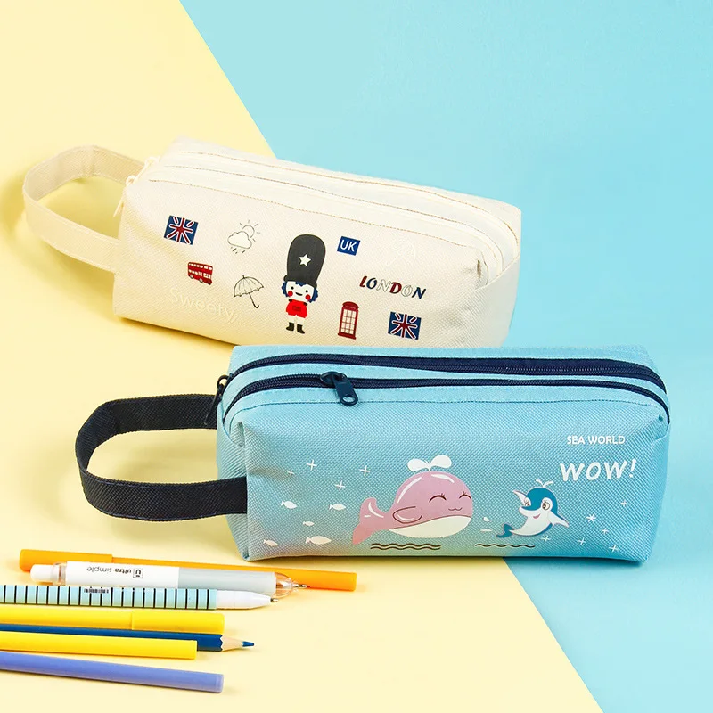 Cartoon Creative Stationery Double-layer Oxford Cloth Pencil Bags Double Zipper Large Capacity Storage Box Handbag Pencil Case