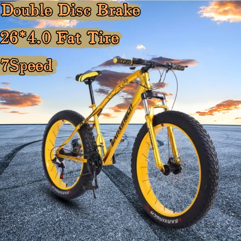 Bicycle 26-inch 7speed 4.0 Fat Tire Mountain Off-road Bicycle Adult High Carbon Steel Frame Double Disc Brake Road Off-road Bike