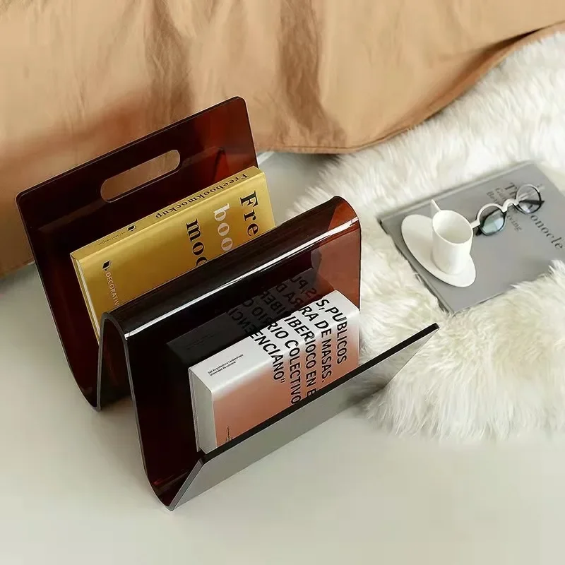Vintage Acrylic W-Shape Bookend for Magazines, Handheld Storage Shelf for Books, Clear Desk Organizer Display Rack
