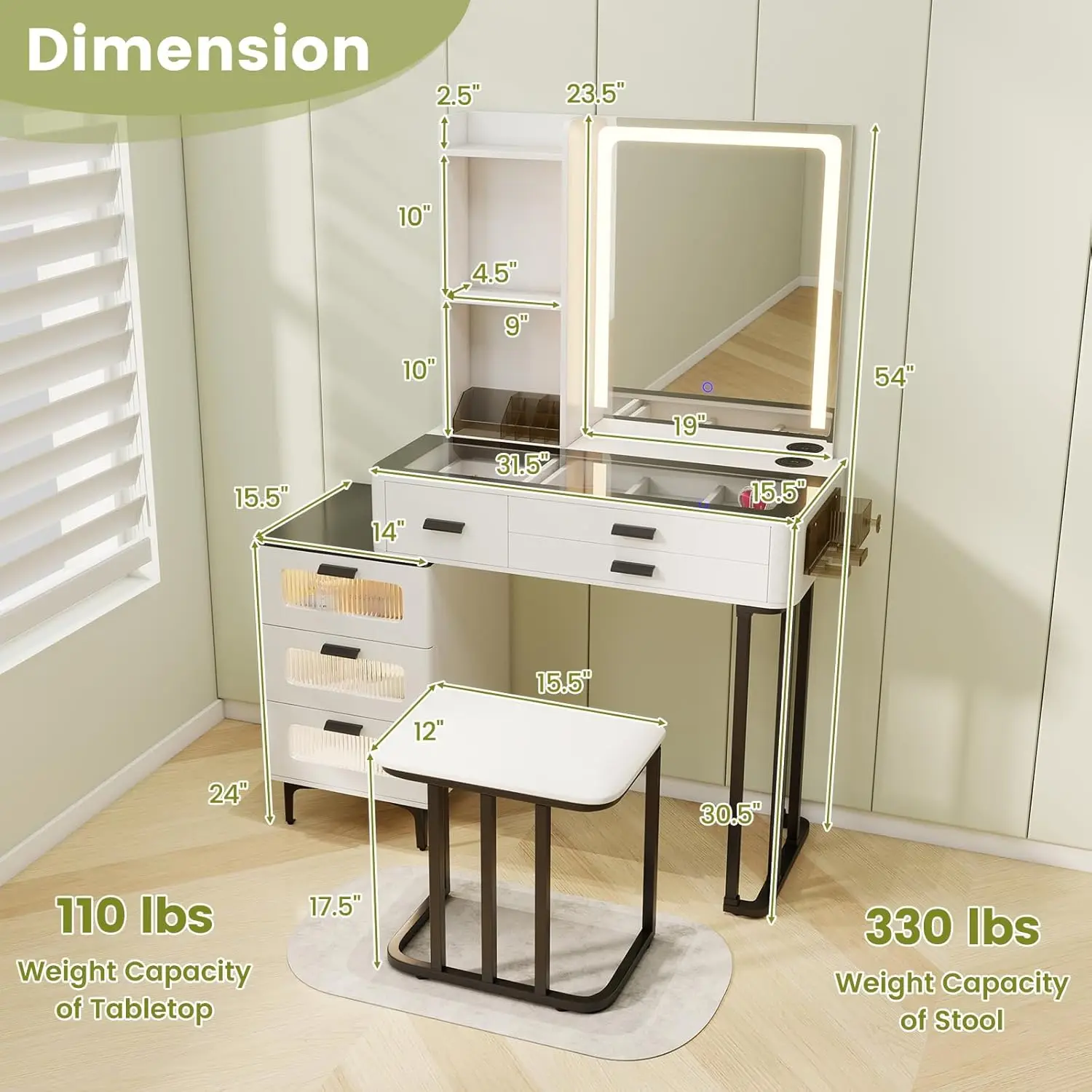 Modern Vanity Desk with Mirror & Lights, Makeup Vanity and Stool Set with 3-Color LED Lights & Charging Station, Dressing Table image 2