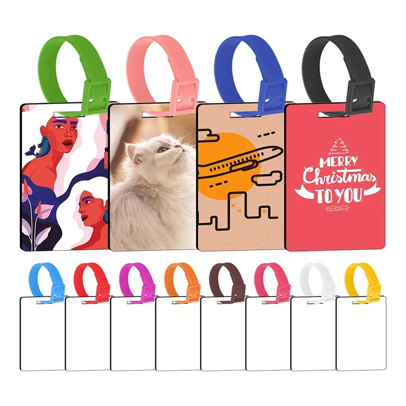 HFIL-12Pcs Sublimation Blank Luggage Tags With Straps Lanyard Double Sided Printable MDF Suitcase DIY Holiday Gift