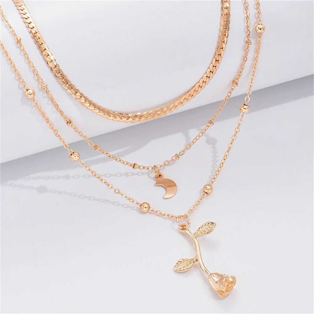 Vintage Fashion Gold Plated Metal Bead Chain Moon Rose Pendant Necklace For Women Multilevel Snake Chain Collar Jewelry Gift