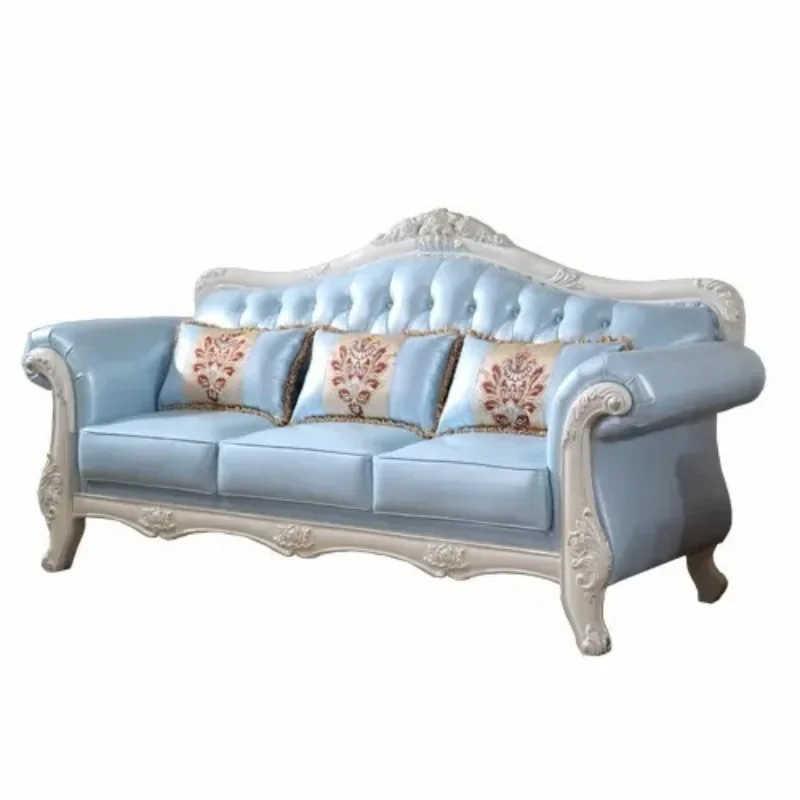 

European-style rural leather sofa simple living room blue light luxury small apartment American reception three people