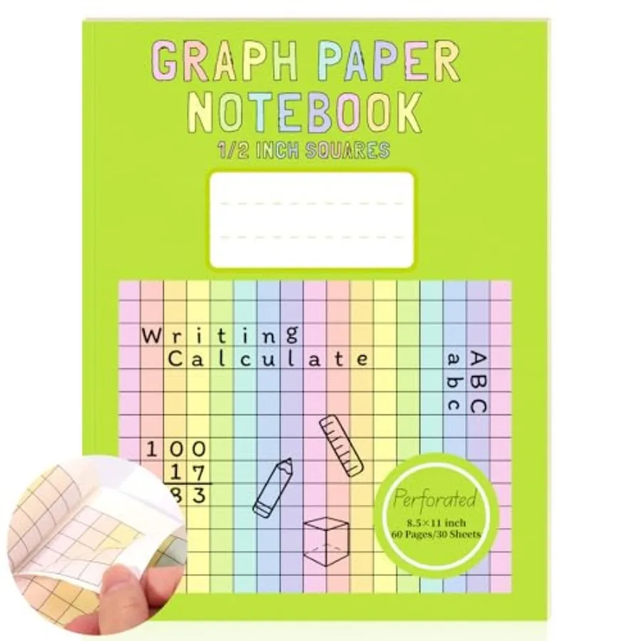 1 Pack 8.5×11 Colored Graph Paper Pad Math Notebook Graph Paper 1/2 Inch Squares Large Quad Ruled Grid Composition Notebook Col
