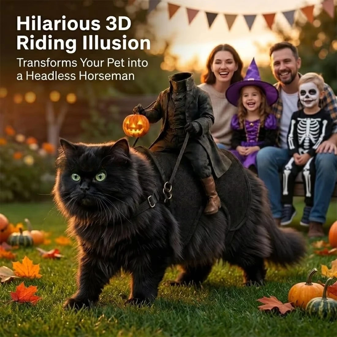 Kostüm für Katzen im Stil des Kopflosen Reiters – lustige 3D-Katzen-Halloween-Kostüme, verstellbarer Sattel mit Riemen, passend für kleine Hunde, ideal für Halloween-Partys. – Detail 1