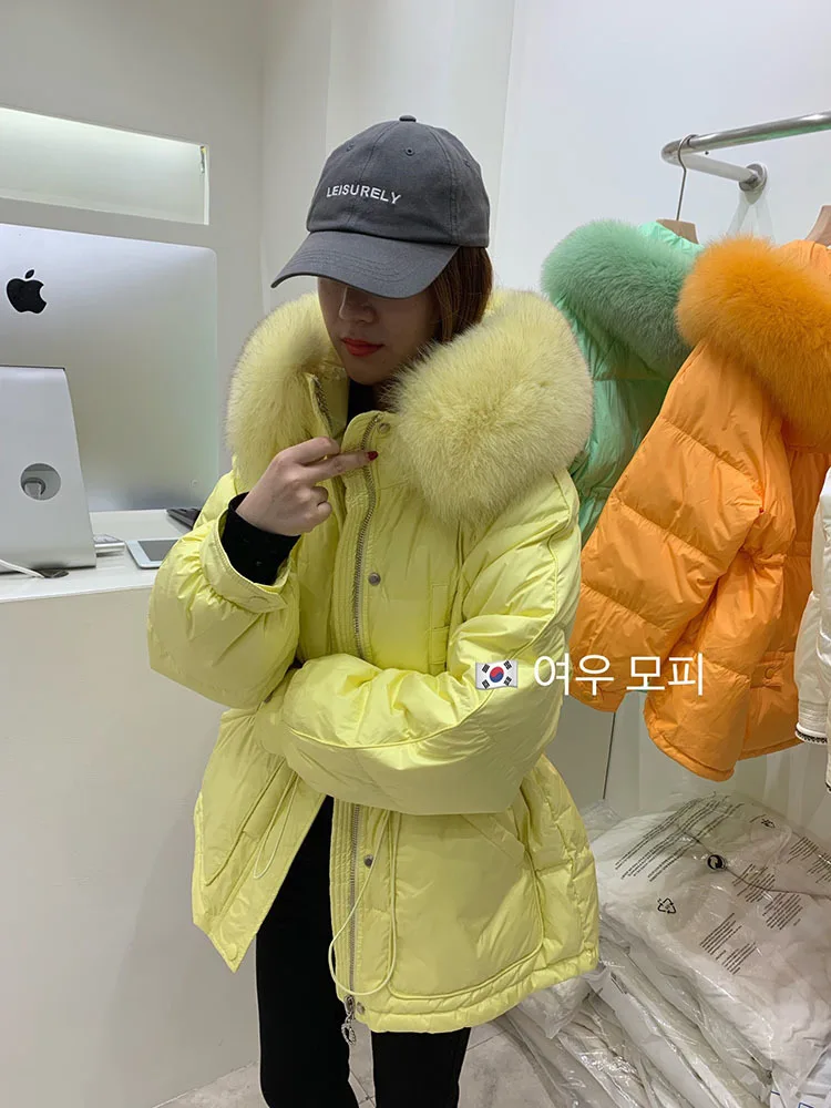 New Winter Women White Duck Down Jacket Real Large Fox Fur Collar Coat Thick Warm Streetwear Female Parka Snow Outwear