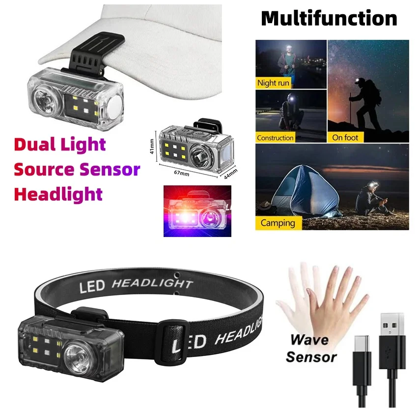 Multi Portable Mini Luminous Hat Clip Led High Bright Flashlight Dual Light Source Outdoor Camping Fishing Head Lamp Emergency