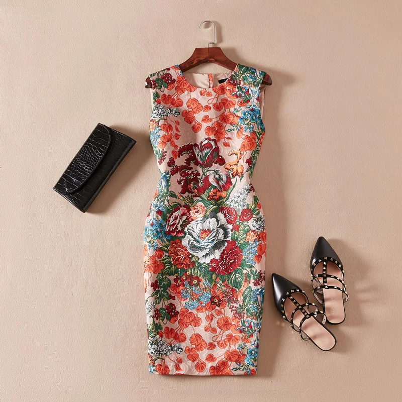Floral Print Light Orange Red Bottom Sleeveless Round Neck Dress Multi-color Summer Women's Midi Dresses Price Only For Dress