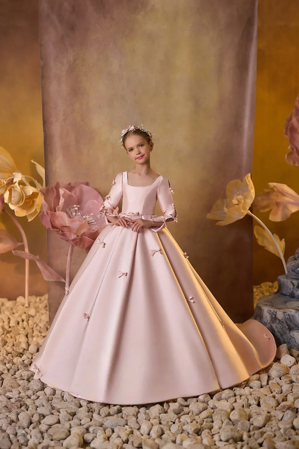 Custom JDY High Square Neck Bow Decoration Satin Trailing Flower Girl Dress Wedding Party Gown Birthday Pageant Dress فساتين اطف
