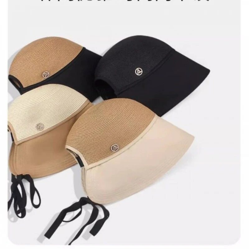 Splicing Design Wide Brim Straw Hat for Women  2026 New Summer Bucket Cap, UV Protection Beach Sun Hat with Face Slimming