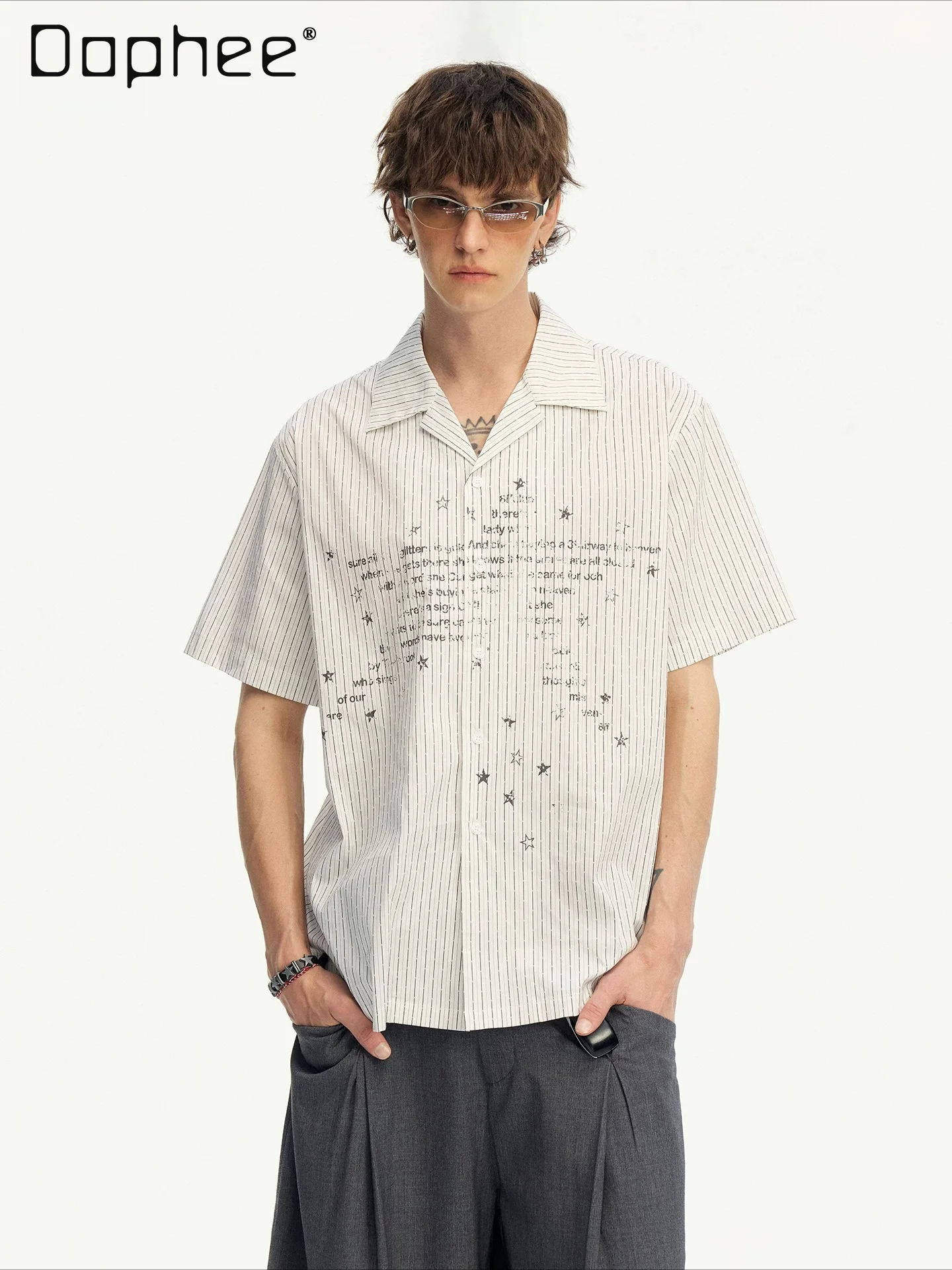 Summer New White Striped Cuban Collar Shirt Men Vintage Blue Star Handwriting Print Loose Casual Short Sleeve Blouse