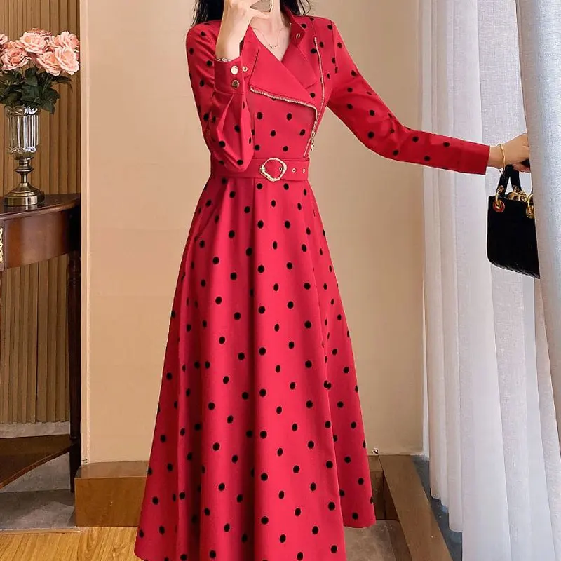 Office Lady Elegant Tailored Collar Dresses Polka Dot Spring Autumn Women\'s Clothing A-Line Sashes Chic Asymmetrical Long Dress