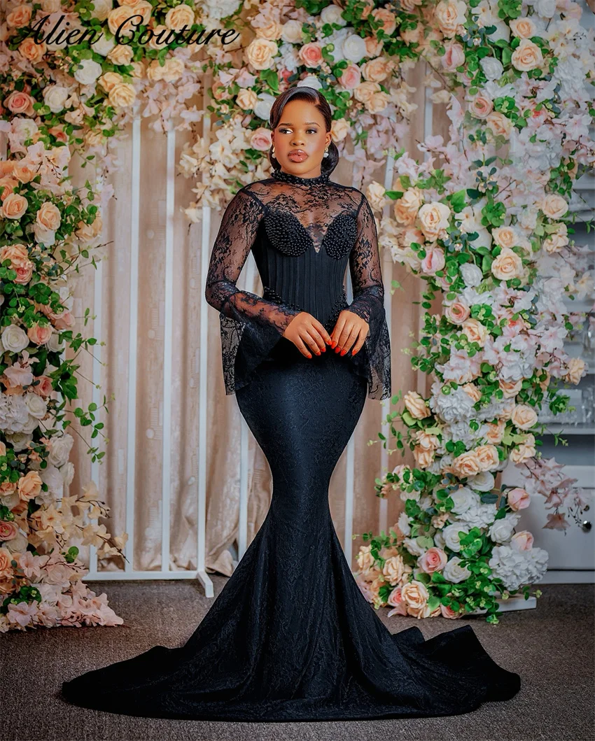 

Exquisite Black Lace Mermaid Evening Dress Corset Beading Pearls Lace Bell Sleeves Wedding Party Dress Mother Gown