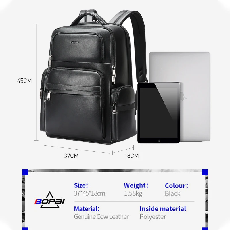 Imagem -06 - Bopai Pele de Vaca 100 Couro Genuíno Mochila de Luxo Masculina Moda Grande Capacidade Bolsa Escola para Menino Mochila de Couro Laptop Mochila de Negócios Mochila de Couro de Viagem